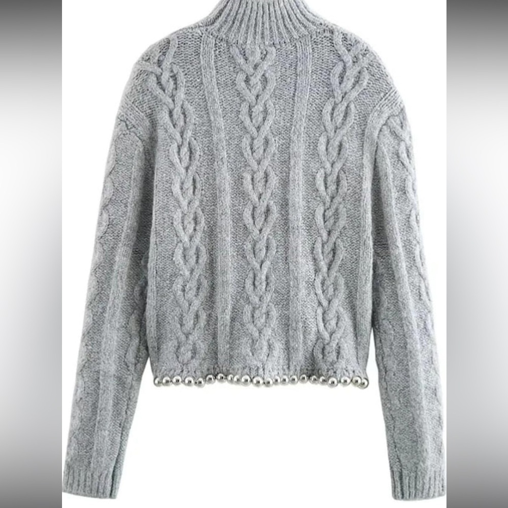 Zara Gray Cable Knit Turtleneck Sweater with Beaded Detail - Picture 2 of 7